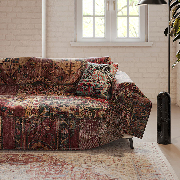 Patchwork Vintage-Style Reversible Sofa Slipcover with Matching Pillow Cover
