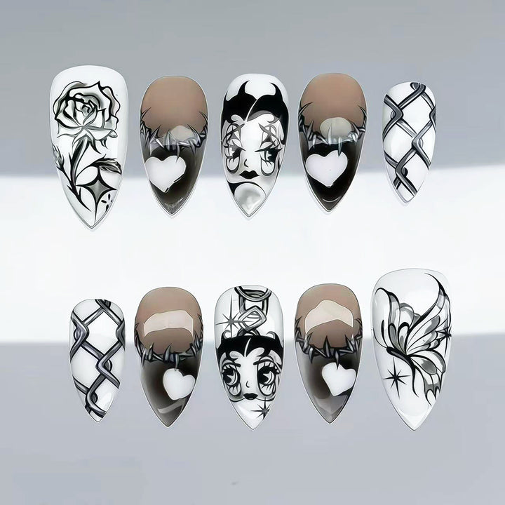 Künstlerisches Press-on Nagelkunst-Set mit einzigartigen grafischen Designs