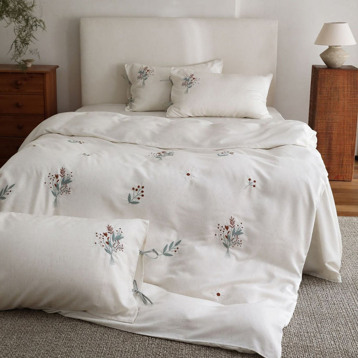 Washed Linen-Cotton Botanical Embroidered Duvet Cover Set with Tied Corner Shams