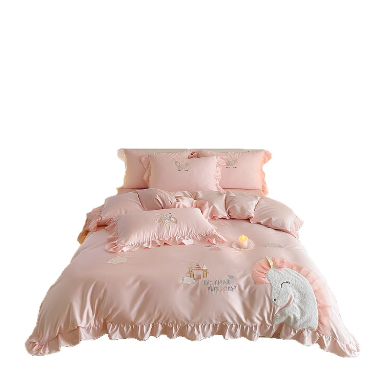 Einhorn Bestickte Rüsch Satin Bettbezug Set