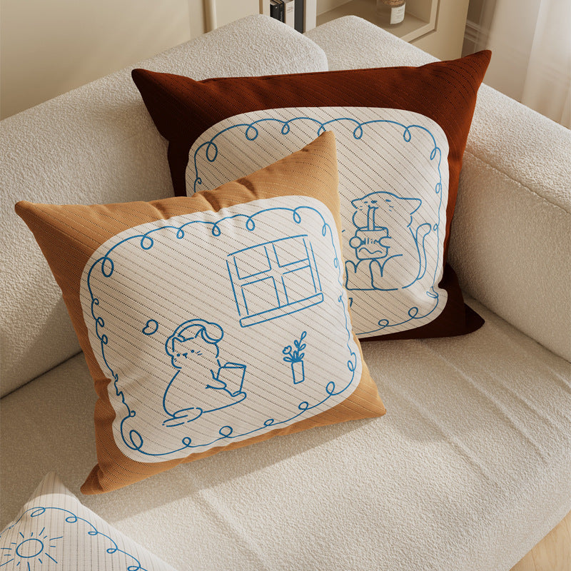 Square Cotton-Linen Decorative Throw Pillow Cover with Minimalist Reading Cat Line Art and Hidden Zipper