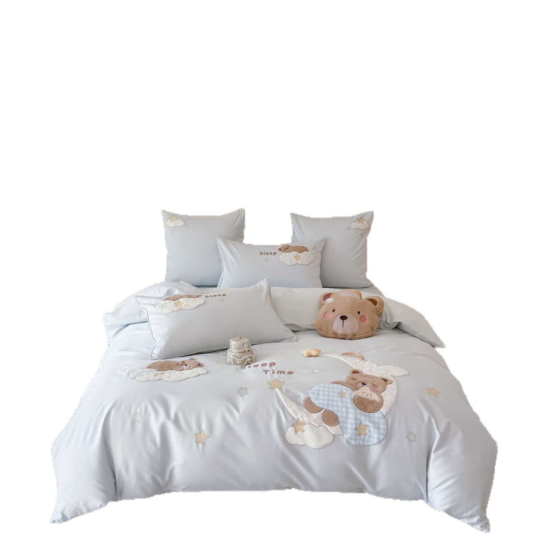 Kinder-Bettwäschegarnitur mit appliziertem Teddybär-Design, extraweichem Mikrofaserbezug und Kissen-Dekokissen