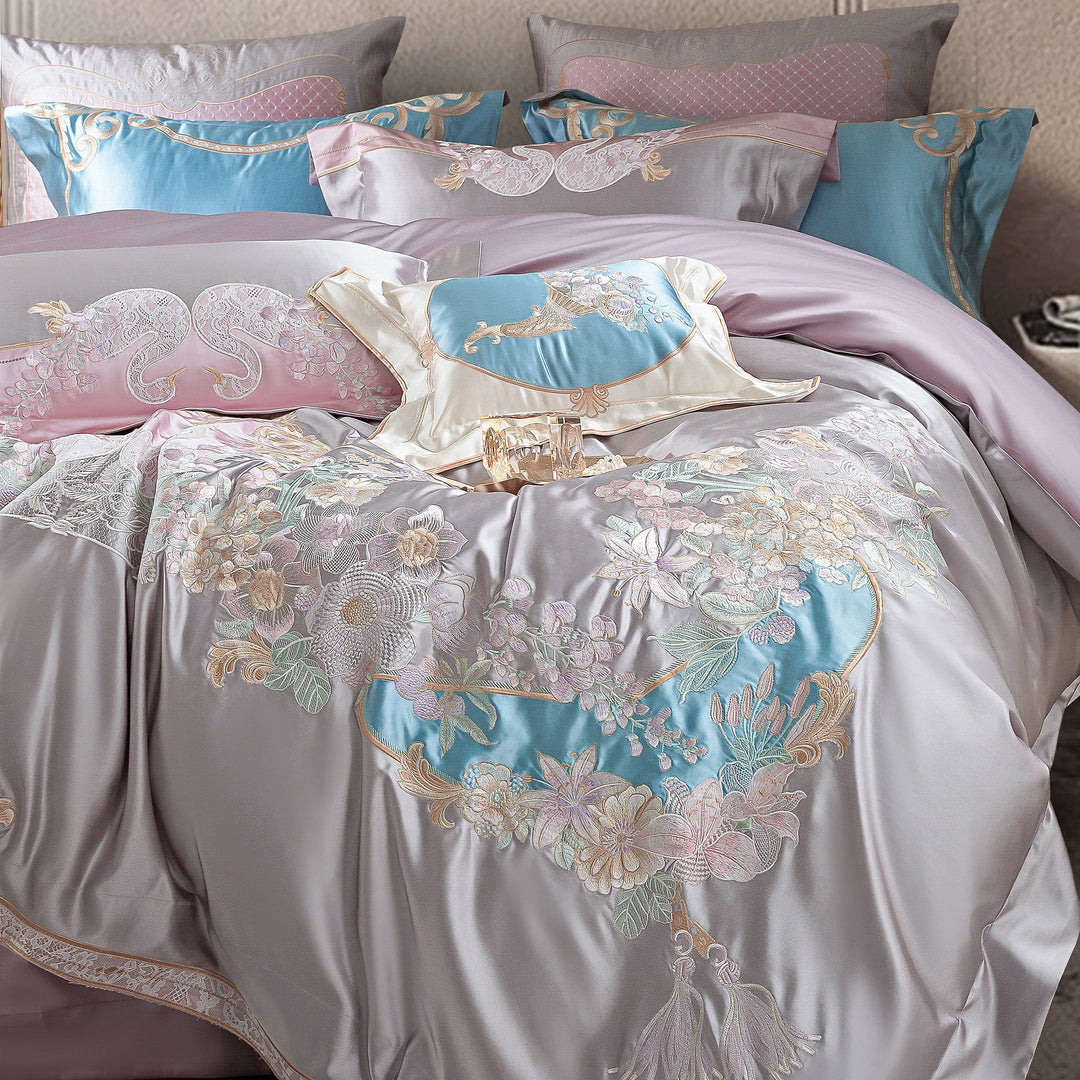 Besticktes Luxus Satin-Feel Bettbezug Set mit verstecktem Reißverschluss & Oxford Kissenbezügen