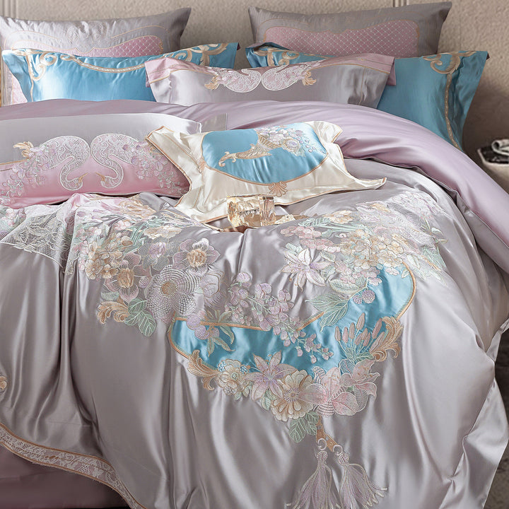Besticktes Luxus Satin-Feel Bettbezug Set mit verstecktem Reißverschluss & Oxford Kissenbezügen