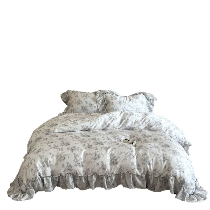 Elegante Satin-Bettwäschegarnitur mit Volantkante und Toile-de-Jouy-Motiv