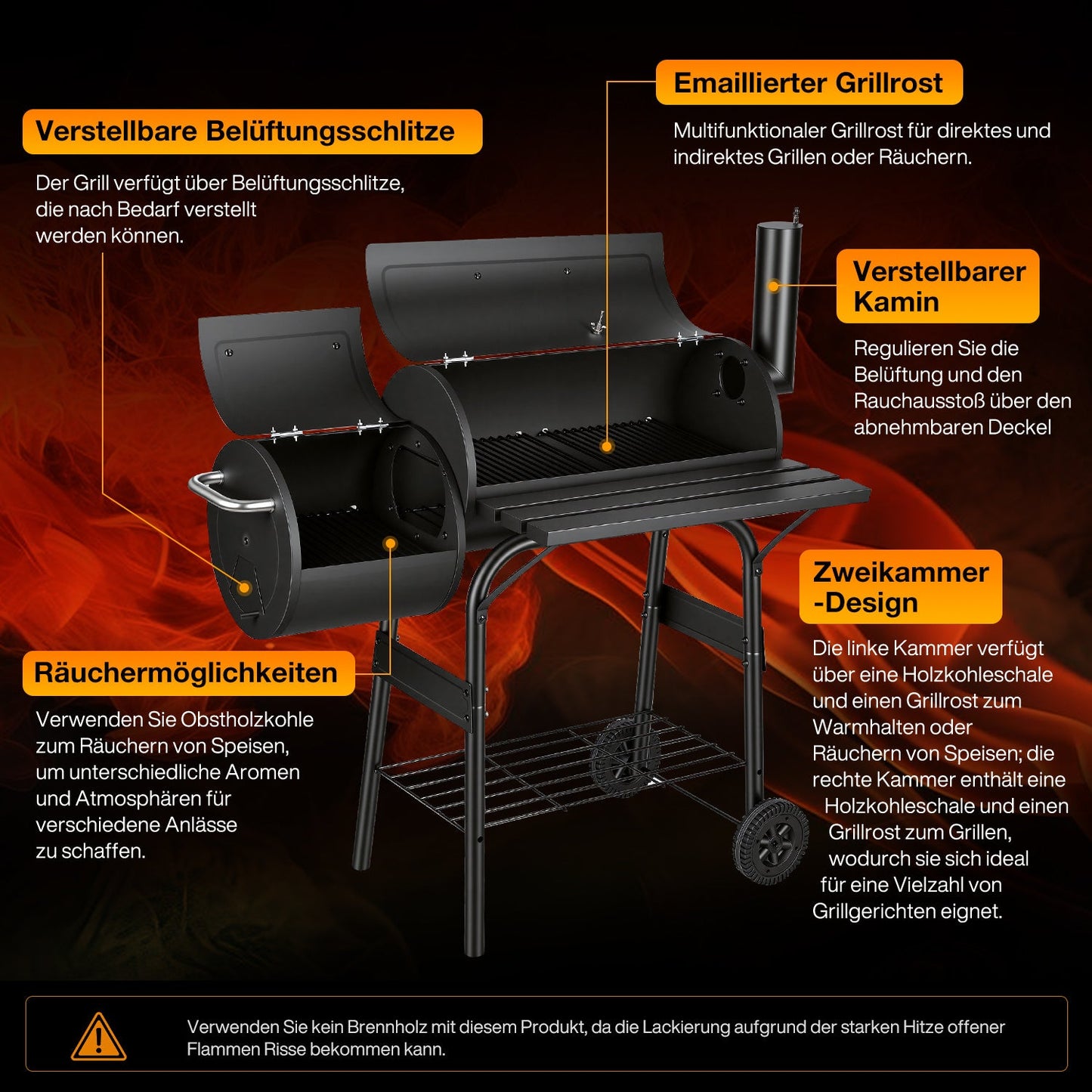 Offset Smoker Holzkohlegrill mit Seitenfeuerbox BBQ | Karnz
