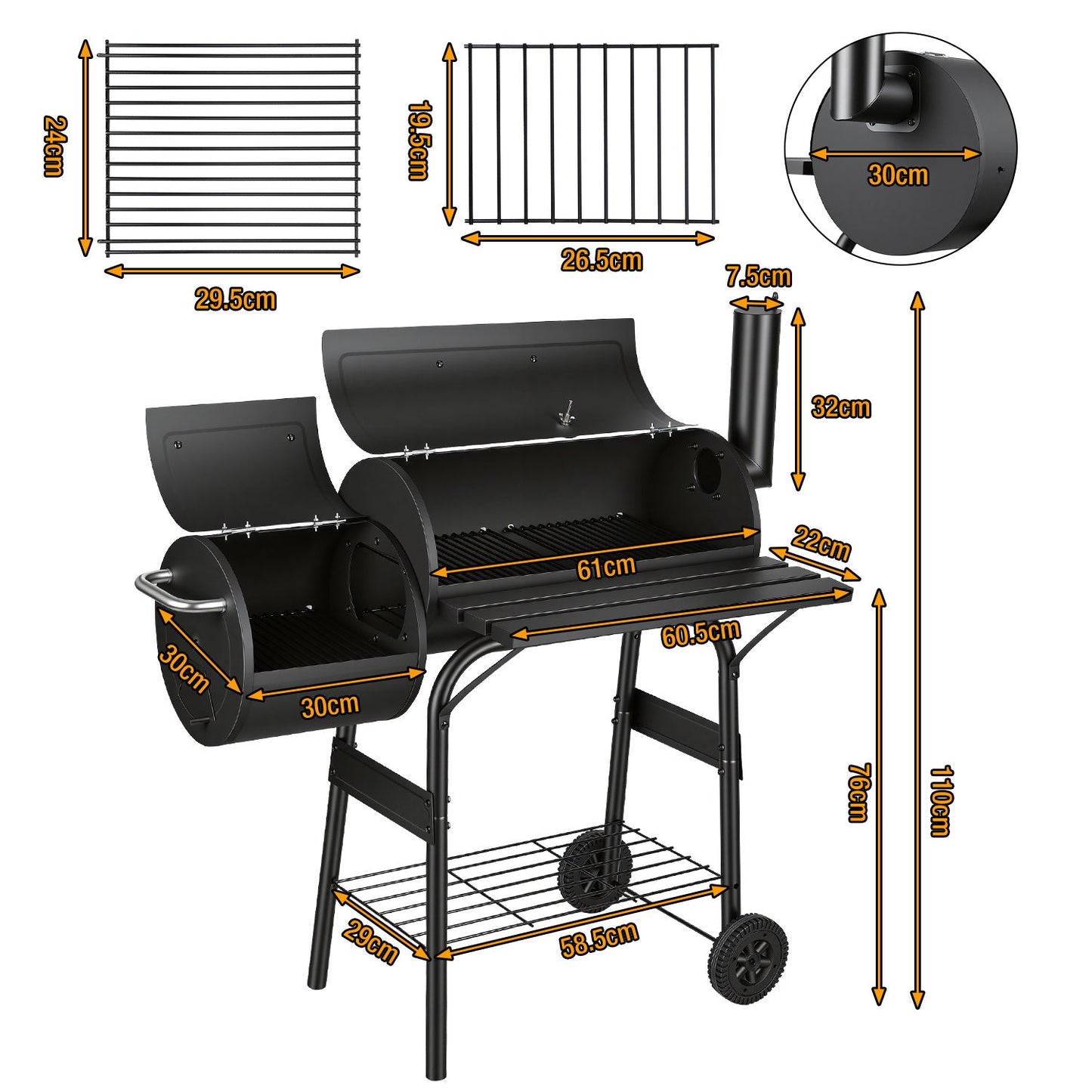 Offset Smoker Holzkohlegrill mit Seitenfeuerbox BBQ | Karnz