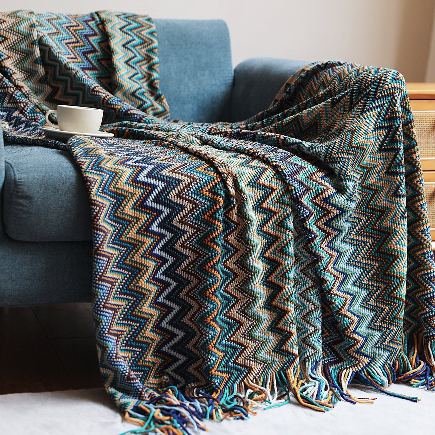 Boho Chevron Bettbezug – Handgewebt – Mit Fransen – Warme Erdtöne | Karnz