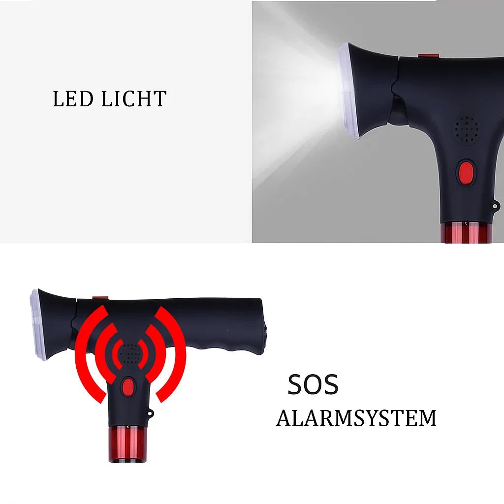 Faltbarer Gehstock mit LED-Licht | Höhenverstellbar | Rutschfeste Unterseite | Alarmfunktion | Leichtes Aluminium
