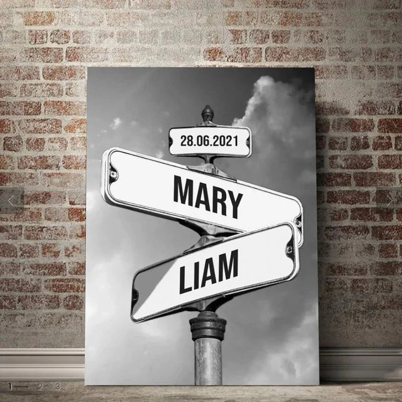 Personalisiertes Vintage-Straßenschild aus Leinwand für Paare