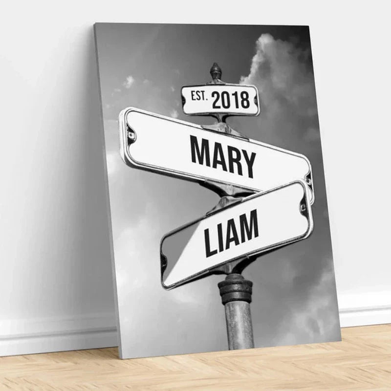 Personalisiertes Vintage-Straßenschild aus Leinwand für Paare
