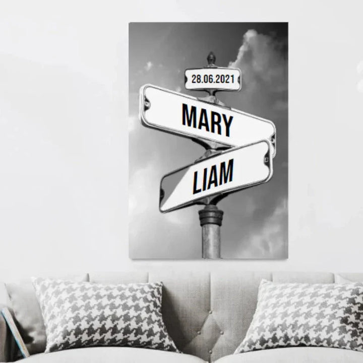 Personalisiertes Vintage-Straßenschild aus Leinwand für Paare