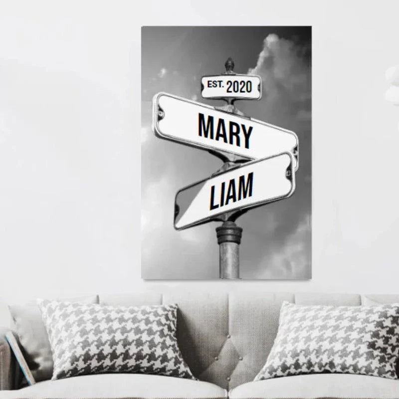 Personalisiertes Vintage-Straßenschild aus Leinwand für Paare