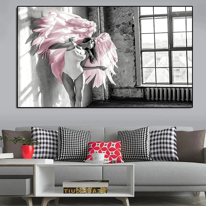Rosa Engel Flügel Ballett Tänzer Wandkunst Fine Art Leinwanddrucke Schwarz Weiß Modebilder Für Wohnzimmer Schlafzimmer Salon Kunst Dekor | Karnz