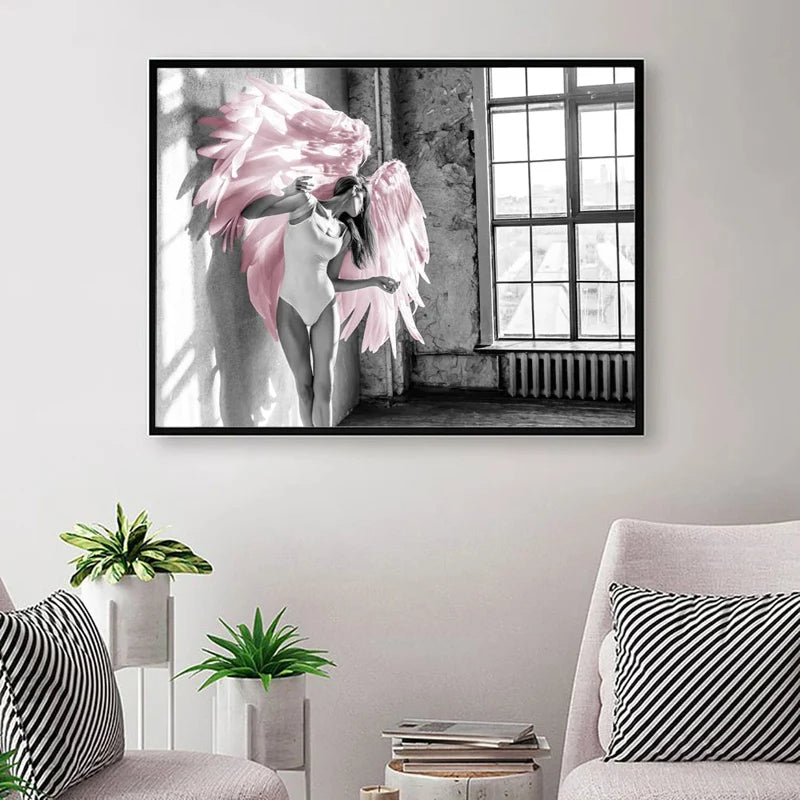 Rosa Engel Flügel Ballett Tänzer Wandkunst Fine Art Leinwanddrucke Schwarz Weiß Modebilder Für Wohnzimmer Schlafzimmer Salon Kunst Dekor | Karnz