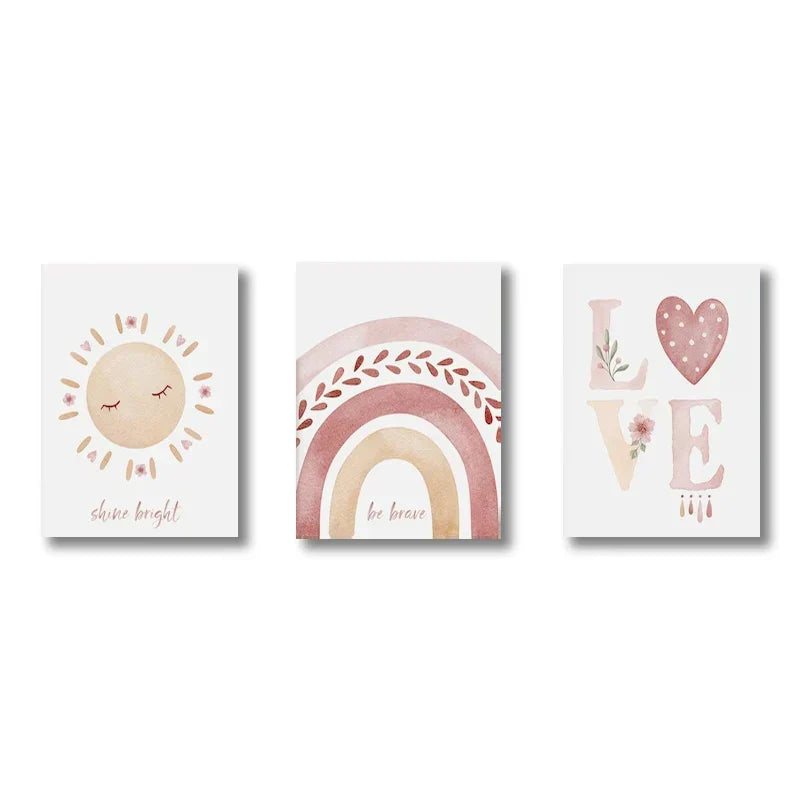 Set aus 3PCS Pink Boho Rainbow Sunshine Poster Kinderzimmer Wandkunst Feine Kunst Leinwanddrucke Bilder Für das Kinderzimmer Kinderzimmer Spielzimmer Dekor