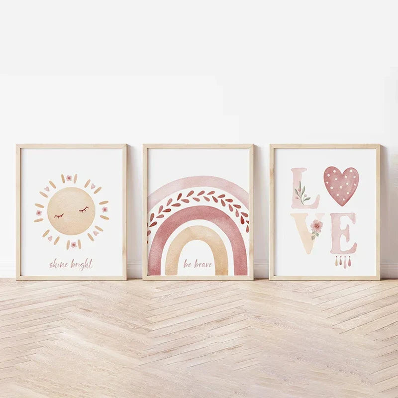 Set aus 3PCS Pink Boho Rainbow Sunshine Poster Kinderzimmer Wandkunst Feine Kunst Leinwanddrucke Bilder Für das Kinderzimmer Kinderzimmer Spielzimmer Dekor