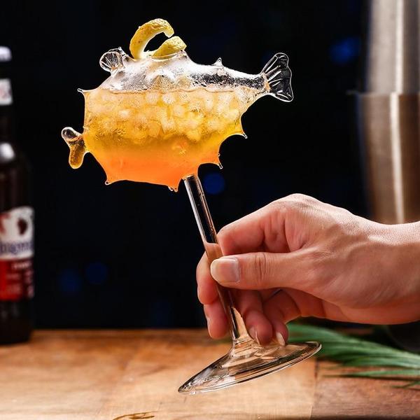 Puffersfish-förmiges Cocktailglas mit Glasstrohhalm | Karnz