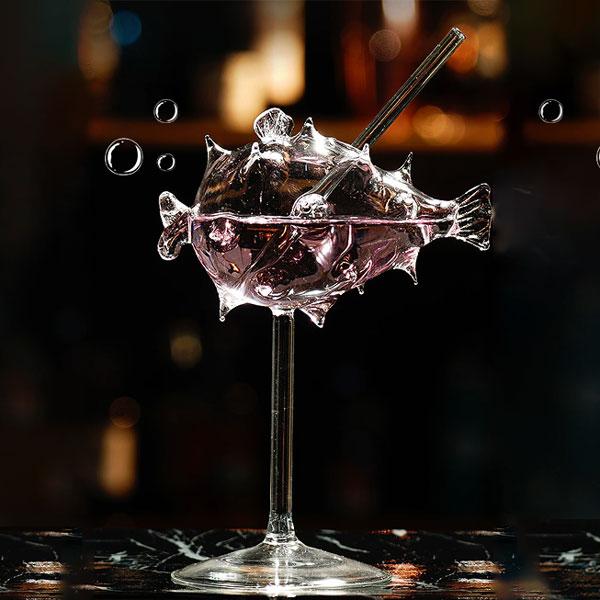 Puffersfish-förmiges Cocktailglas mit Glasstrohhalm | Karnz