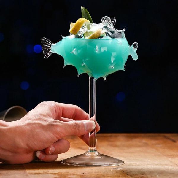 Puffersfish-förmiges Cocktailglas mit Glasstrohhalm | Karnz
