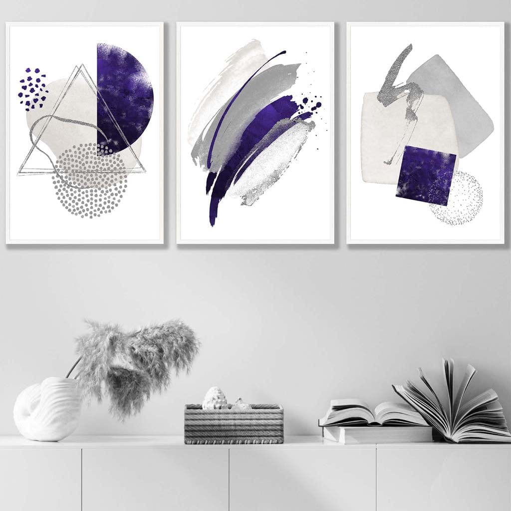 Abstrakte lila-silberne Aquarellformen, 3er-Druckset