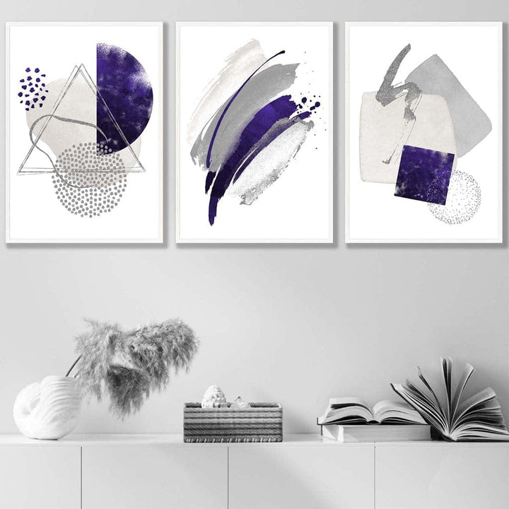 Abstrakte lila-silberne Aquarellformen, 3er-Druckset