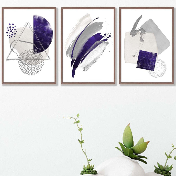 Abstrakte lila-silberne Aquarellformen, 3er-Druckset