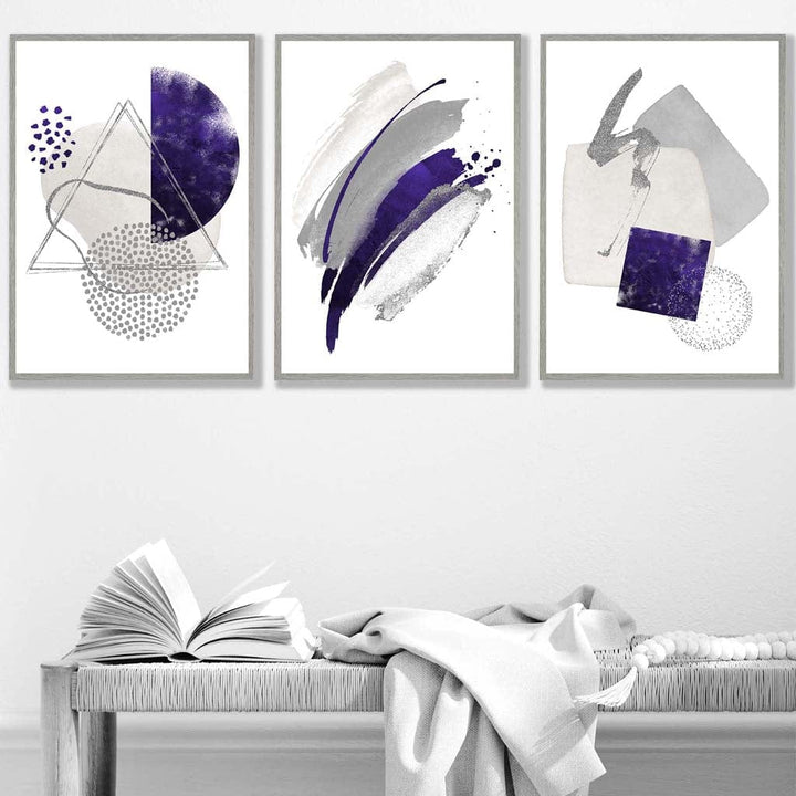Abstrakte lila-silberne Aquarellformen, 3er-Druckset