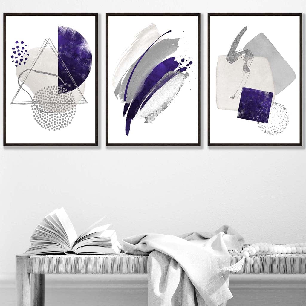 Abstrakte lila-silberne Aquarellformen, 3er-Druckset