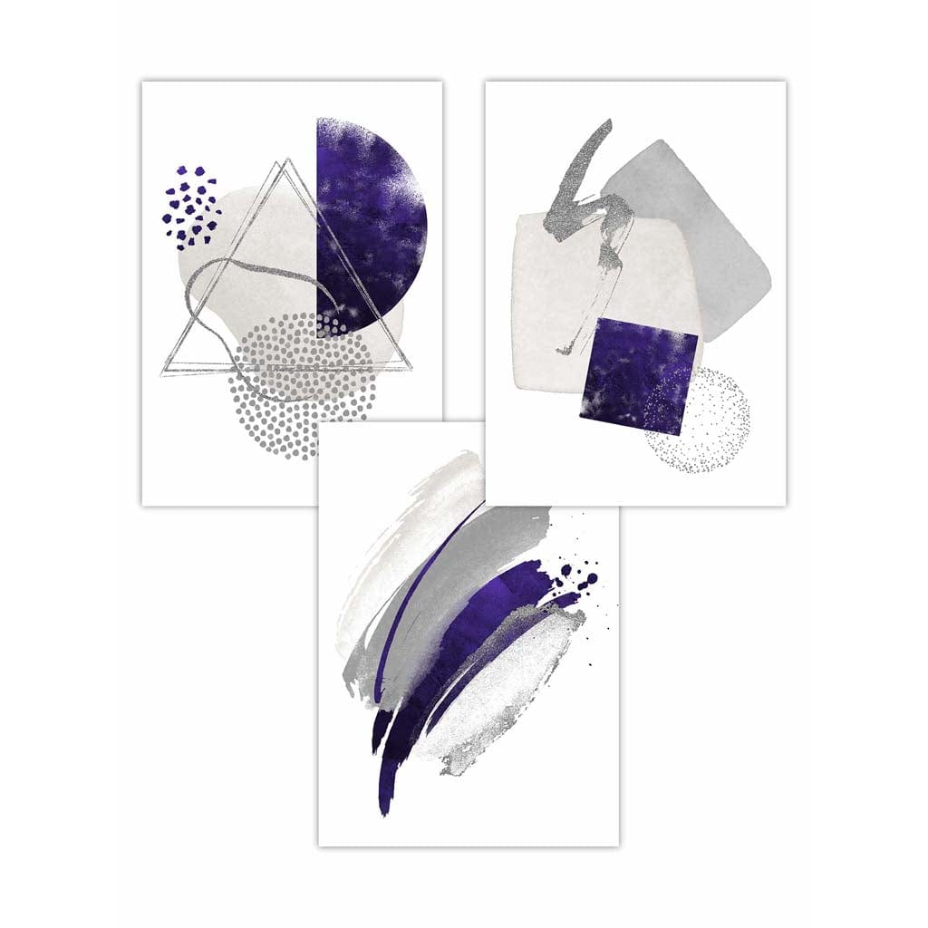Abstrakte lila-silberne Aquarellformen, 3er-Druckset