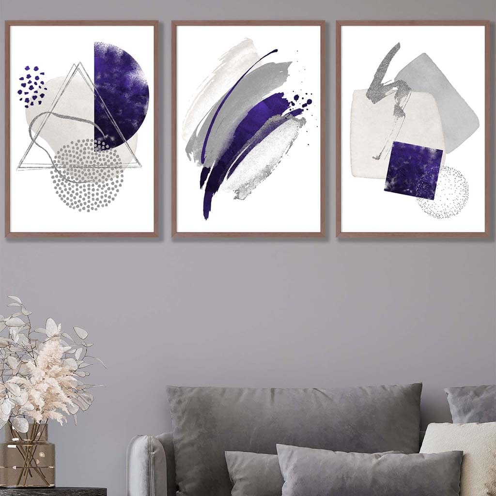 Abstrakte lila-silberne Aquarellformen, 3er-Druckset