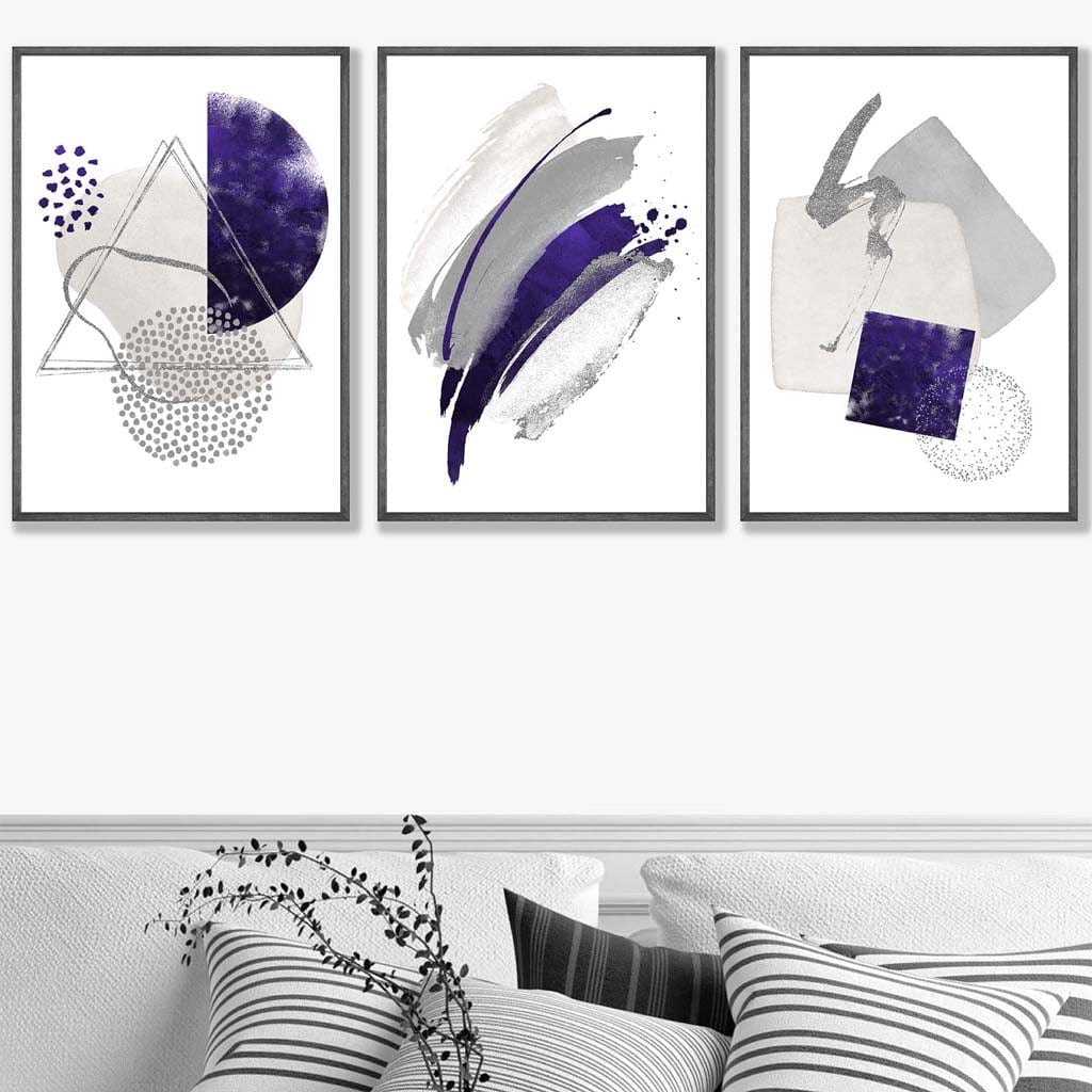 Abstrakte lila-silberne Aquarellformen, 3er-Druckset