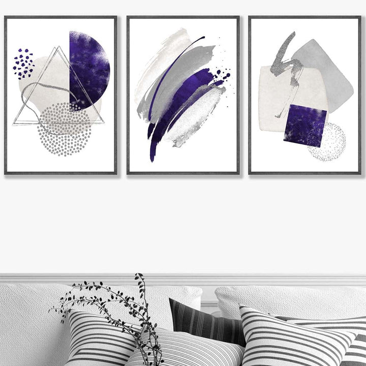 Abstrakte lila-silberne Aquarellformen, 3er-Druckset