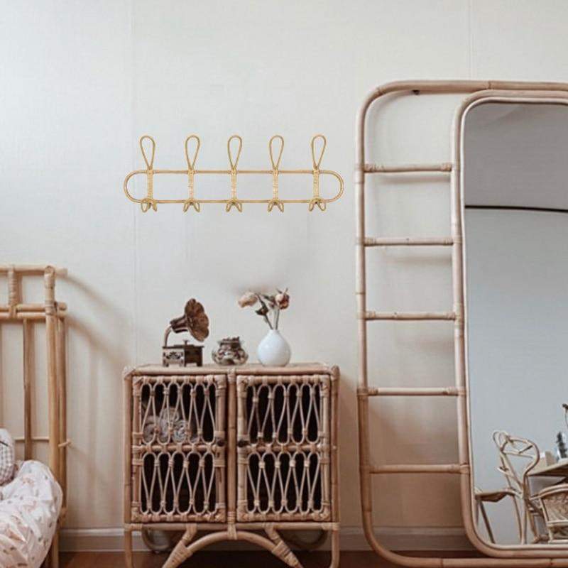 Rattan Wandhalter mit 5 Haken für Jacken, Taschen und Handtücher | Karnz