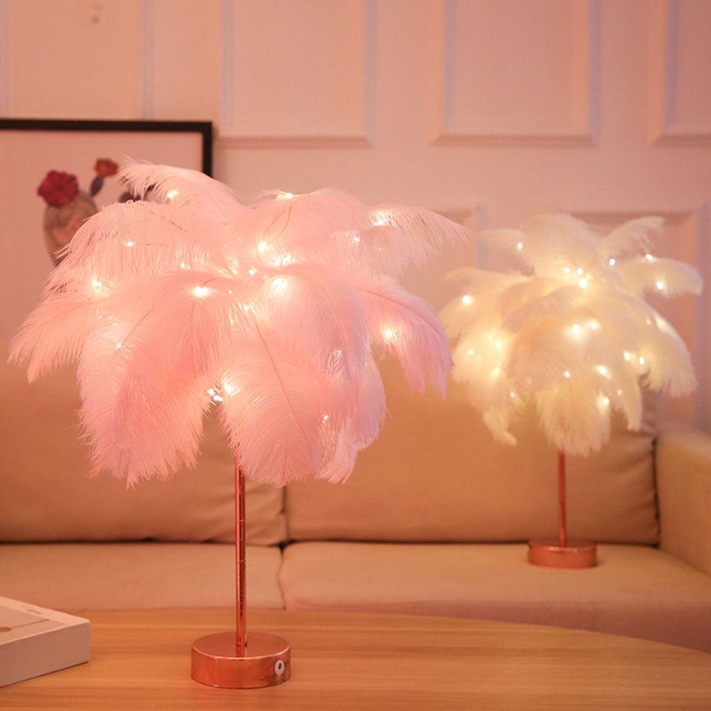 Strauß Nachtlicht | Exzentrische Lampe mit Federn & Roségold-Basis | Karnz
