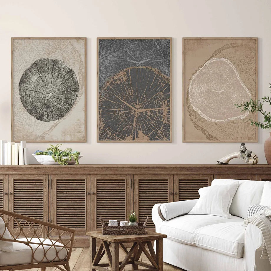 Rustikale Baumringe Abstrakte Nordische Wandkunst Feine Kunst Leinwanddrucke Neutrale Töne Beige/Grau/Schwarz Holzbilder Für Wohnzimmer Esszimmer Kunstdekoration | Karnz