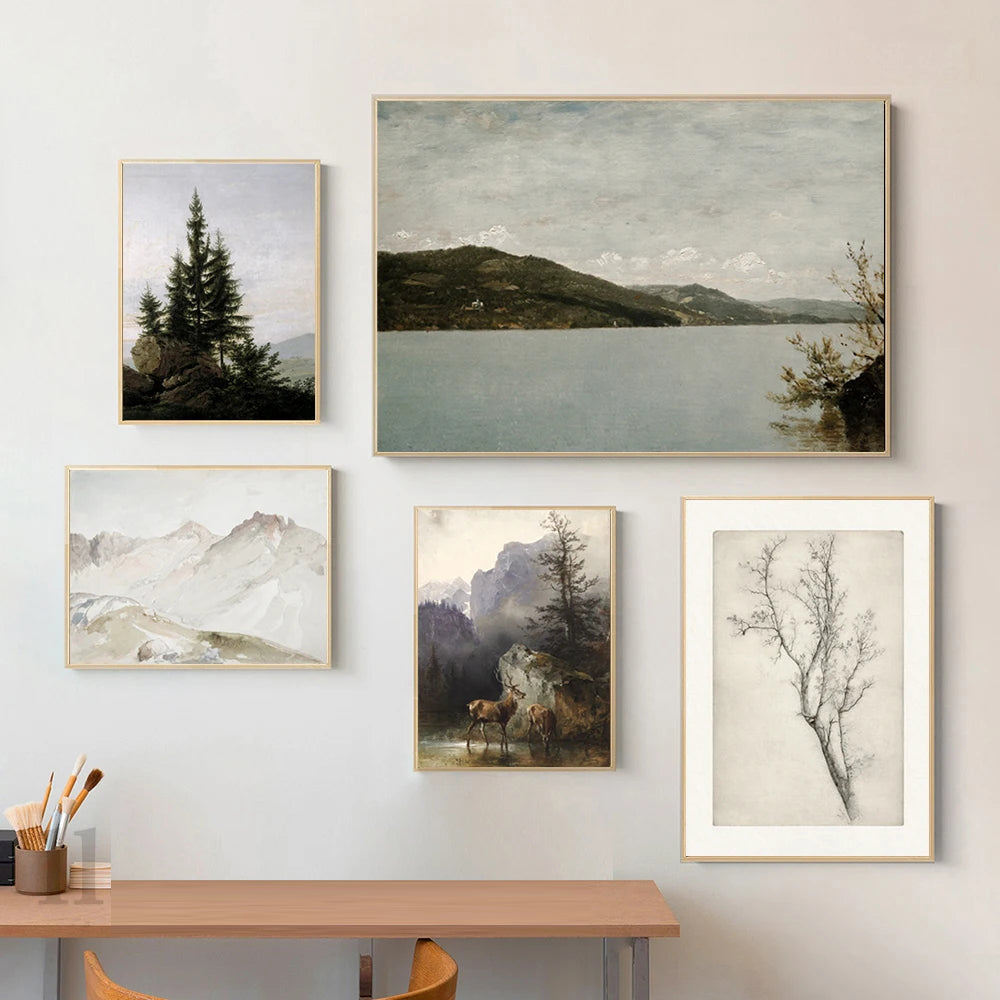 Rustikale Vintage-Landschaftsölgemälde Bergwald Wandkunst Kunstdrucke Galerie Wandbilder für Wohnzimmer Esszimmer Kunstdekoration | Karnz