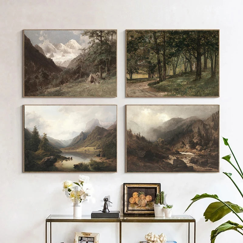 Rustikale Vintage-Landschaftsölgemälde Bergwald Wandkunst Kunstdrucke Galerie Wandbilder für Wohnzimmer Esszimmer Kunstdekoration | Karnz