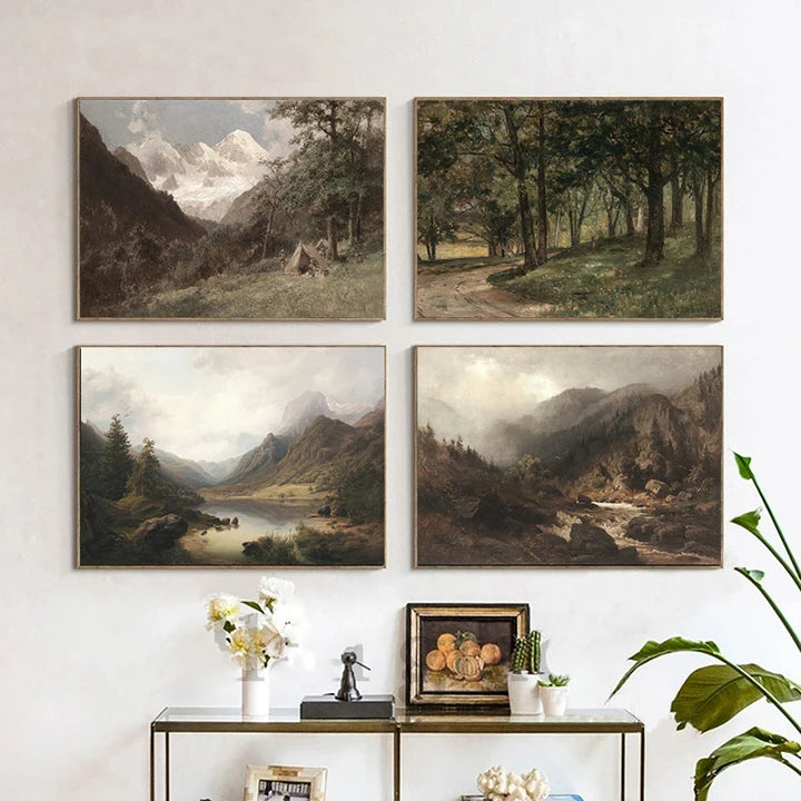 Rustikale Vintage-Landschaftsölgemälde Bergwald Wandkunst Kunstdrucke Galerie Wandbilder für Wohnzimmer Esszimmer Kunstdekoration | Karnz
