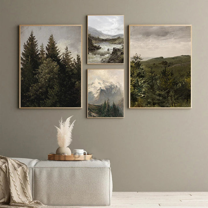 Rustikale Vintage-Landschaftsölmalerei Bergwald Wandkunst Fine Art Leinwanddrucke Galerie Wandbilder für Wohnzimmer Esszimmer Kunstdekoration