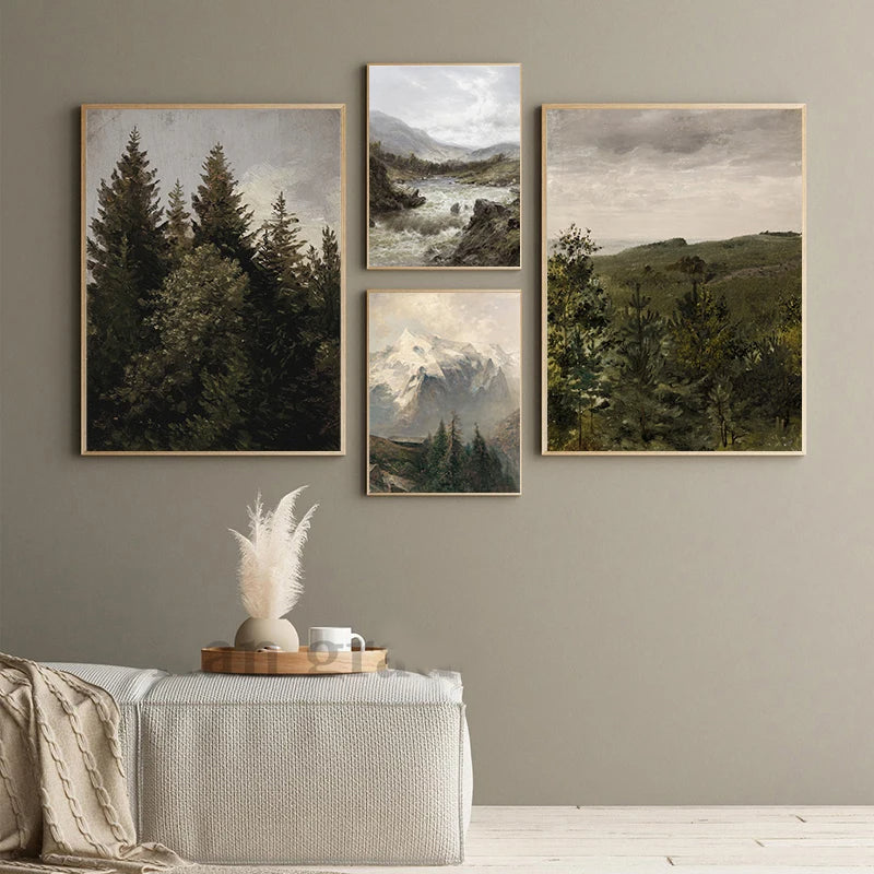 Rustikale Vintage-Landschaftsölgemälde Bergwald Wandkunst Kunstdrucke Galerie Wandbilder für Wohnzimmer Esszimmer Kunstdekoration | Karnz