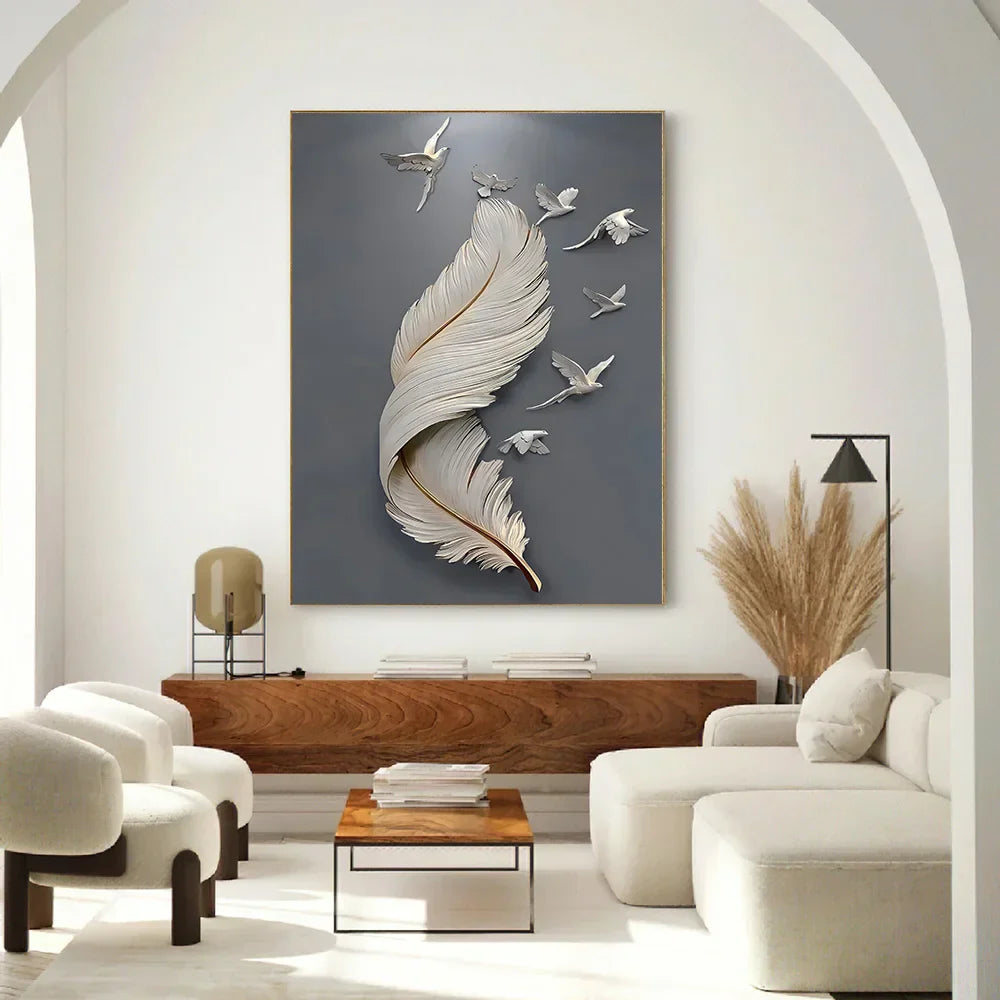 Sieben Vögel Feder Wandkunst Fine Art Leinwanddrucke 3D Visualisierung Minimalistische abstrakte Bilder für Wohnzimmer Eingang, Foyer Kunst Dekor | Karnz