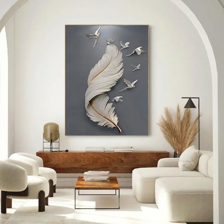 Sieben Vögel Feder Wandkunst Fine Art Leinwanddrucke 3D Visualisierung Minimalistische abstrakte Bilder für Wohnzimmer Eingang, Foyer Kunst Dekor | Karnz