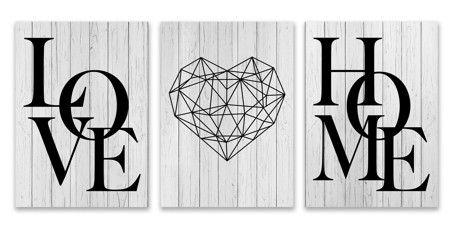 Set aus 3 Stück Geometrische Liebe Zuhause Herz Wandkunst Feine Kunst Leinwanddrucke Schwarz Weiß Minimalistische Poster Bilder Für Wohnzimmer Schlafzimmer Kunst Dekor | Karnz