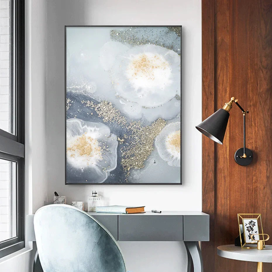 Blaue Weiße Goldene Abstrakte Florale Wandkunst Fein Kunst Leinwanddrucke Poster Bild Für Modernes Wohnzimmer Schlafzimmer Nordische Wohnkultur | Karnz