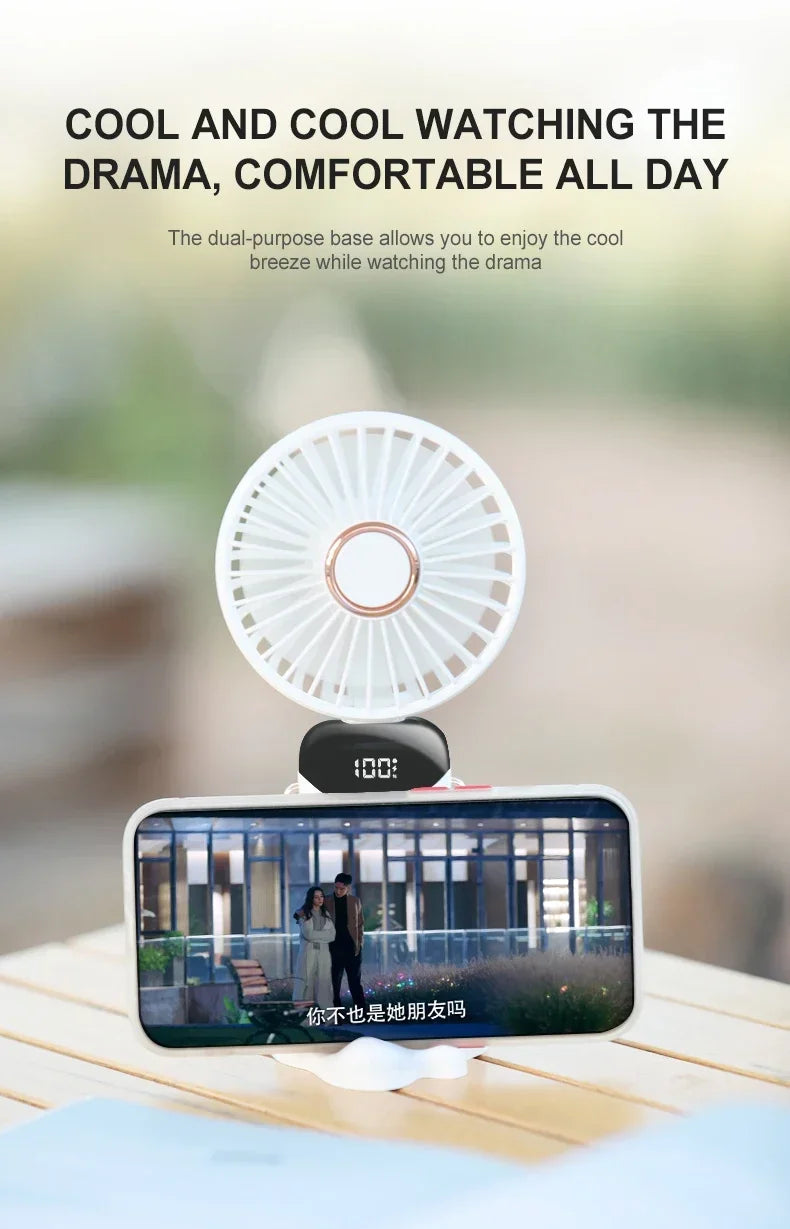 5000mAh Handheld Mini Ventilator – Kabelloser USB wiederaufladbarer tragbarer Ventilator mit digitaler Anzeige, Telefonhalter, 5-Geschwindigkeits faltbarer Nacken-Hängevantilator | Karnz