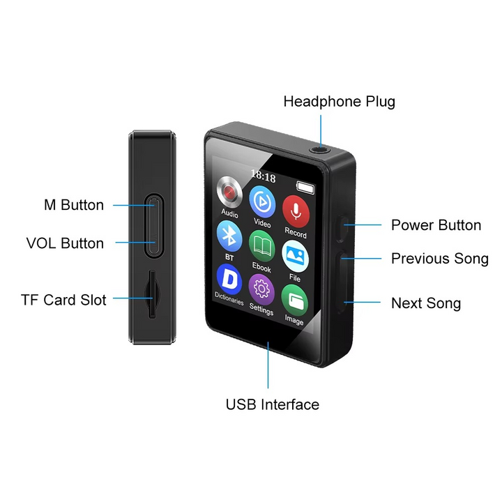 Tragbarer Bluetooth-MP3-Player mit HiFi-Stereoanlage, Mini-MP4-Videowiedergabe, LED-Bildschirm und Sprachaufzeichnung
