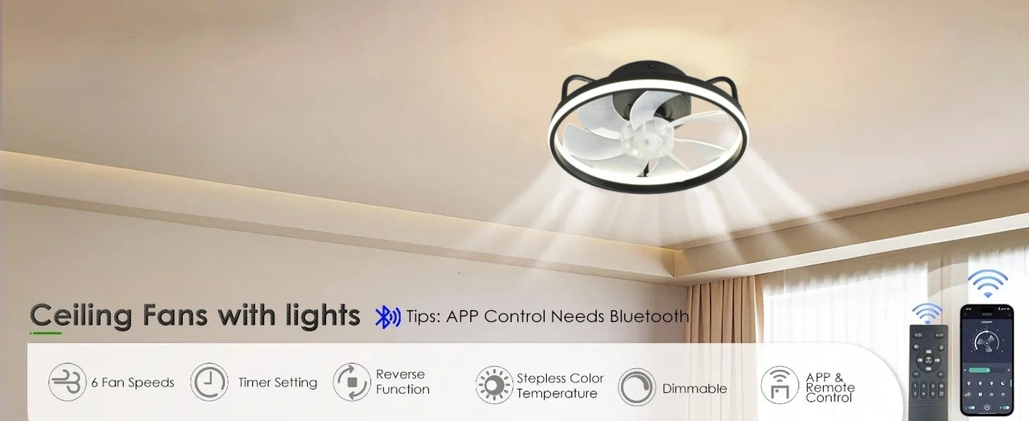 Moderner LED-Deckenventilator mit DC-Motor - 6 Geschwindigkeiten, Timer, Niedrigboden-Dachventilator, Fernbedienung Dekorative Beleuchtung | Karnz