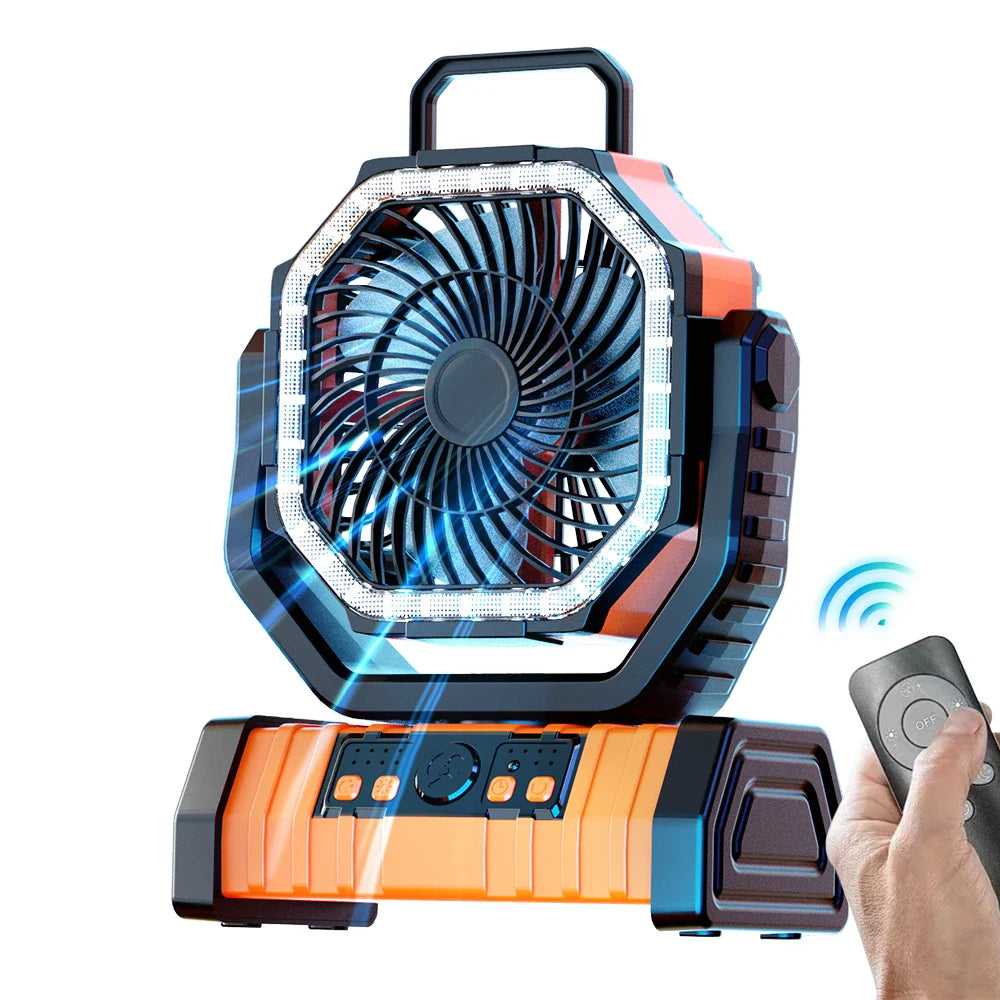 20000mAh Tragbarer Wiederaufladbarer Ventilator — Akku-Betriebene Tisch- & Camping-Lüfter mit LED-Licht & Haken für Zelt, Auto und Outdoor-Ausflüge | Karnz