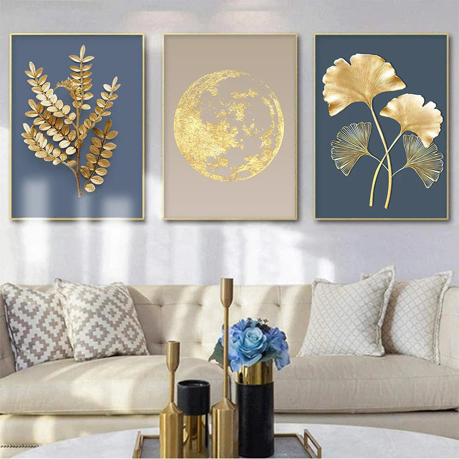 Blaue Minimalistische Goldene Abstrakte Florale Wandkunst Feine Kunst Leinwanddrucke Bilder Für Luxuriöses Wohnzimmer Esszimmer Home Office Kunst Dekor | Karnz